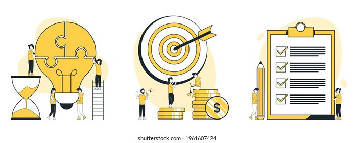 Strategic business planning concept vector illustration set. Business people assembling an idea together by solving jigsaw puzzle, Goals, People fill out checklist on a clipboard.