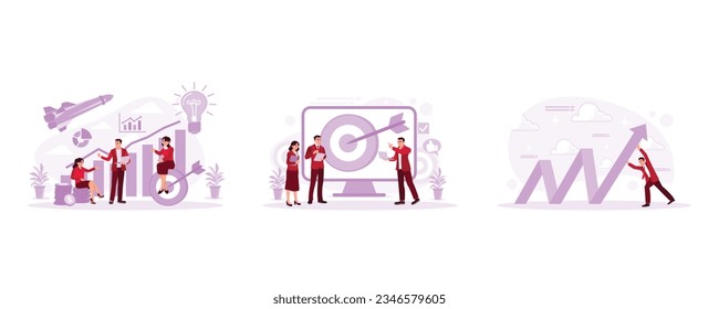 Strategic business planning, people in front of a big screen presenting business vision and mission, business team raising company economic indicators. Set Trend Modern vector flat illustration