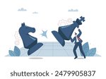 Strategic business planning, Strategizing to compete with competitors, Business confrontation, Businessman moving a large chess piece against a business competitor. Vector design illustration.