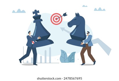 Strategic business planning, Strategizing to compete with competitors, Business confrontation, Businessman moving a large chess piece against a business competitor. Vector design illustration.