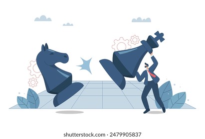 Strategic business planning, Strategizing to compete with competitors, Business confrontation, Businessman moving a large chess piece against a business competitor. Vector design illustration.