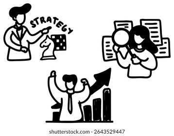 Strategic Business Planning Success Growth Illustration featuring businesspeople developing a winning strategy using chess pieces and market research for achieving goals and increased profits