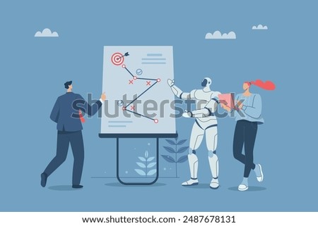 Strategic business planning, Working with artificial intelligence, AI support, Business team with robot brainstorms and plans strategic plans towards success or goals on a whiteboard.
