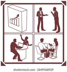 Strategic business vector showcasing four cleanly segmented office scenarios in bold silhouette style — designed for clarity, professionalism, and commercial use. Includes high-impact corporate themes