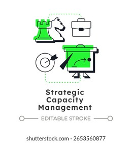Strategic capacity management modern linear concept icon. Sufficient resources amount to meet future growth. Flat outline elements connected with dotted lines. Creative visual. Easy to edit
