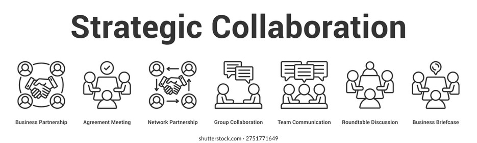 Strategic Collaboration web banner icon set vector illustration concept for business with icon of Business Partnership, Agreement Meeting, Network Partnership, Group Collaboration, Team Communicati.