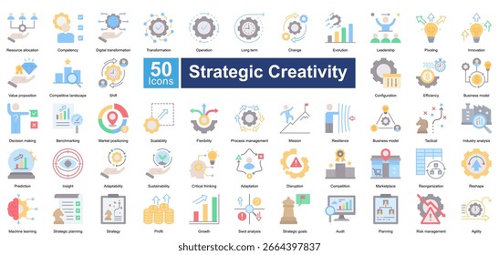 Conjunto de iconos de creatividad estratégica que contiene 50 iconos que incluyen, reorganización, remodelación, aprendizaje automático, planificación estratégica, estrategia, ganancias, crecimiento, análisis swot, objetivos estratégicos, Vectores simples.