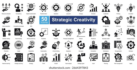 Conjunto de iconos de creatividad estratégica que contiene 50 iconos que incluyen, reorganización, remodelación, aprendizaje automático, planificación estratégica, estrategia, ganancias, crecimiento, análisis swot, objetivos estratégicos, Vectores simples.