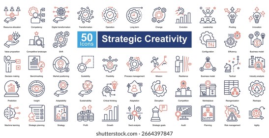Conjunto de iconos de creatividad estratégica que contiene 50 iconos que incluyen, reorganización, remodelación, aprendizaje automático, planificación estratégica, estrategia, ganancias, crecimiento, análisis swot, objetivos estratégicos, Vectores simples.