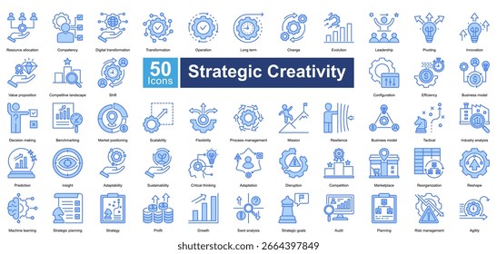 Conjunto de iconos de creatividad estratégica que contiene 50 iconos que incluyen, reorganización, remodelación, aprendizaje automático, planificación estratégica, estrategia, ganancias, crecimiento, análisis swot, objetivos estratégicos, Vectores simples.