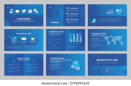 Strategic customer engagement frameworks presentation template set. Modern client relations management. PPT slides on blue background. Pitch deck layout with cover. Modern report design
