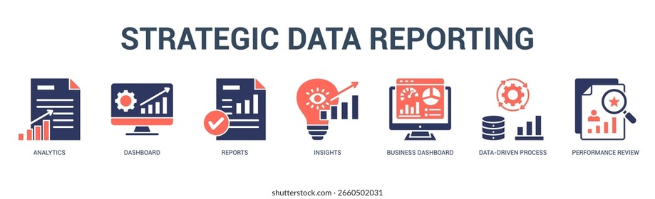 Strategic Data Reporting Modern and clean web banner illustration featuring thematic icons for visual communication
