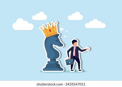 Strategic decision making by leadership navigates business challenges, employing tactics to overcome obstacles and win, smart businessman pointing finger to direct chess knight with king crown.