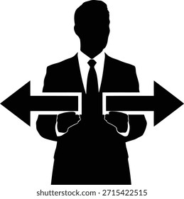Ilustração de vetor de silhueta de tomada de decisão estratégica apresentando pessoa de pé em cruzamentos com setas de direção.