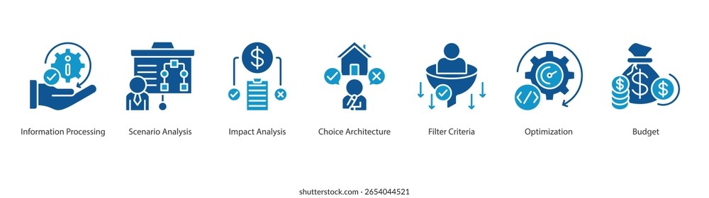 Strategic Decision web banner icon set vector information processing, scenario analysis, impact analysis, choice architecture, filter criteria, optimization, budget