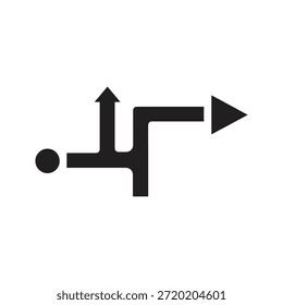 Icono de ruta de dirección estratégica con movimiento de ramificación de flecha para la planificación de decisiones comerciales y navegación de flujo de trabajo de ruta alternativa