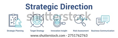 Strategic Direction web banner icon set vector illustration concept for business with icon of Strategic Planning, Target Strategy, Innovation Insight, Risk Assessme.