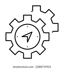 Strategic Efficiency, Oriented Design, Precision Engineering, Directional Optimization, Mechanical Navigation vector line icon with editable stroke.