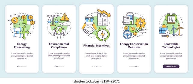 Strategic energy planning onboarding mobile app screen. Forecasting walkthrough 5 steps graphic instructions pages with linear concepts. UI, UX, GUI template. Myriad Pro-Bold, Regular fonts used