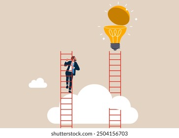 Strategic errors. Businessman climbing the wrong ladder to achieve the lightbulb idea. Failure to achieve goals or targets. Vector illustration