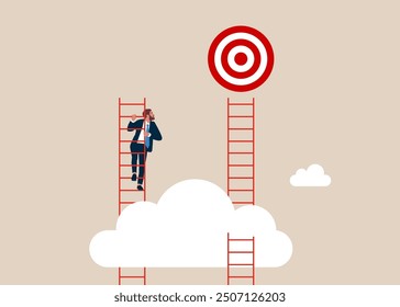 Strategic errors. Businessman climbing the wrong ladder to achieve the goal of success. 