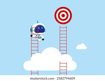 Strategic errors. Robot climbing the wrong ladder to achieve the goal of success. Flat vector illustration