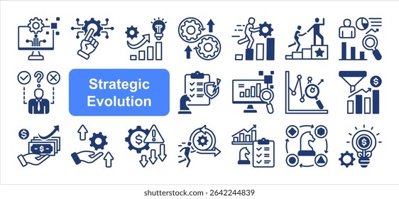Strategic evolution icon collection set. Digital transformation, Innovation, Adaptation, Agility, Continuous improvement, Leadership, Strategic management.
