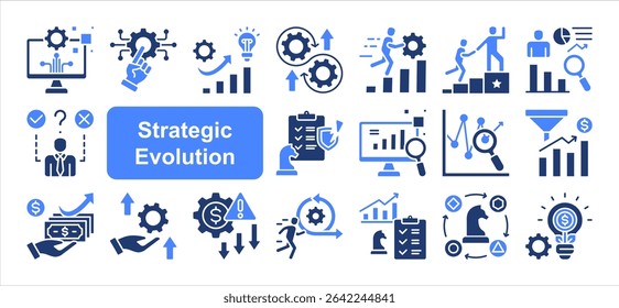 Strategic evolution icon collection set. Digital transformation, Innovation, Adaptation, Agility, Continuous improvement, Leadership, Strategic management.
