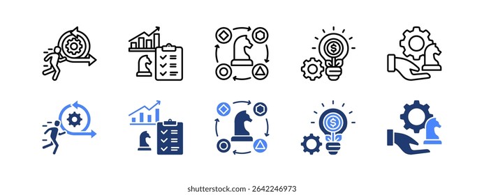 Strategic evolution icon set with Agility, Planning, Adaptation, Innovation, Strategic management.