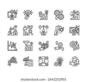 Strategic evolution icon set with Digital transformation, Technology, Innovation, Adaptation, Resilience, Growth, Strategic management.