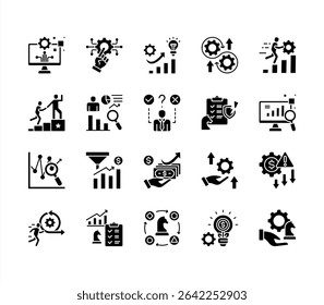 Strategic evolution icon set with Digital transformation, Technology, Innovation, Adaptation, Resilience, Growth, Strategic management.