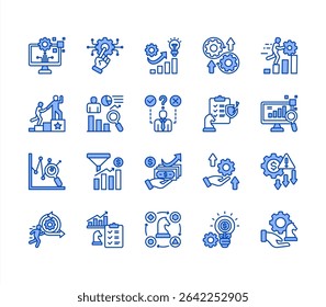 Strategic evolution icon set with Digital transformation, Technology, Innovation, Adaptation, Resilience, Growth, Strategic management.