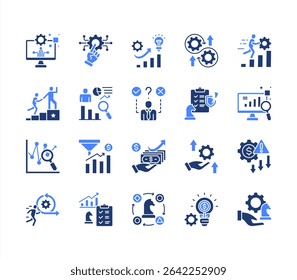 Strategic evolution icon set with Digital transformation, Technology, Innovation, Adaptation, Resilience, Growth, Strategic management.