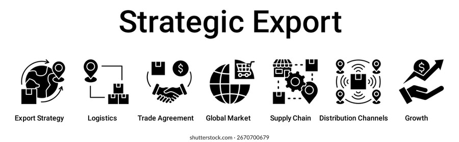 Strategic Export banner web icon vector illustration concept for business with icon of Export Strategy, Logistics, Trade Agreement, Global Market, Supply Chain, Distribution Channels.