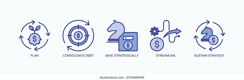 Strategic Financial Icon Set Isolated Vector With Icon Of Plan, Consolidate Debt, Save Strategically, Streamline, Sustain Strategy In Blue Style