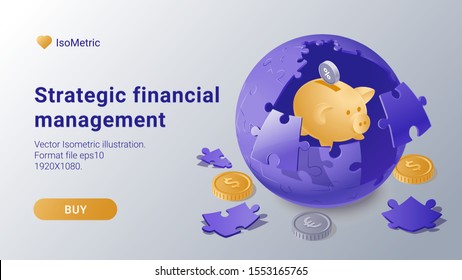 Strategic financial management concept. Business strategy. Success in the business. 3d isometric design. Vector illustration.