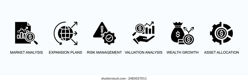 Strategic Financial Planning Banner Web Icon Vektorillustration Concept mit Marktanalyse, Expansion Pakets, Risikomanagement, Bewertungsanalyse, Budgetanalyse, Asset Allocation