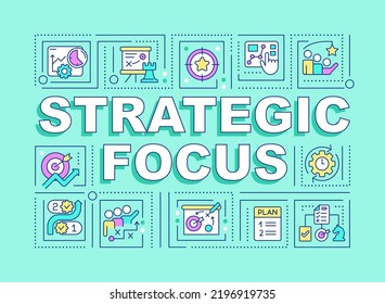 Strategic focus word concepts mint banner. Business planning Infographics with editable icons on color background. Isolated typography. Vector illustration with text. Arial-Black font used