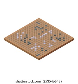 Strategic game of go is being played on a wooden board with black and white stones