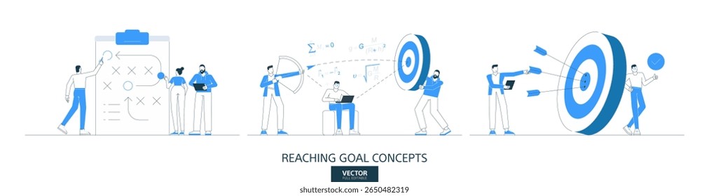 Strategic goal illustrations set in thin line style. Success plan abstract linear vector design concepts. Target analysis flat icons. Business people characters team work.