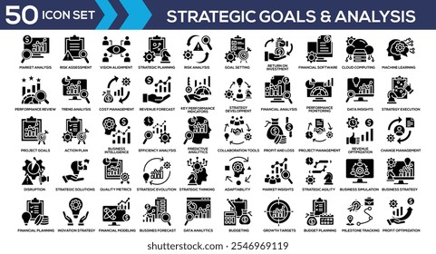 Strategic Goals and Analysis Black Glyph Icon Set Collection