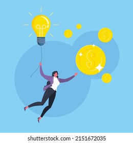 Strategic goals for business, mission accomplishment, success with ideas or great idea to achieve target concept. Businesswoman holds a flying light bulb to reach golden US dollar coin in blue scene.