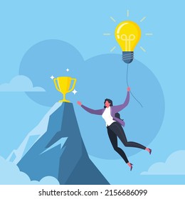 Strategic goals for business, mission accomplishment, success with ideas or great idea to achieve target concept. Businesswoman holds a flying light bulb to reach winner cup on the peak in blue scene.