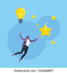 Strategic goals for business, mission accomplishment, success with ideas or great idea to achieve target concept. Businesswoman holds a flying light bulb to reach the golden star in blue scene.