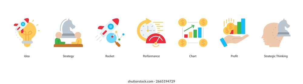 Icono de crecimiento estratégico conjunto idea de Ilustración vectorial, estrategia, cohete, rendimiento, gráfico, beneficio, pensamiento estratégico