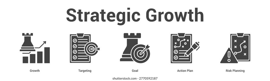 Strategic Growth web banner icon set vector illustration concept for business with icon of Growth, Targeting, Goal, Action Pl.