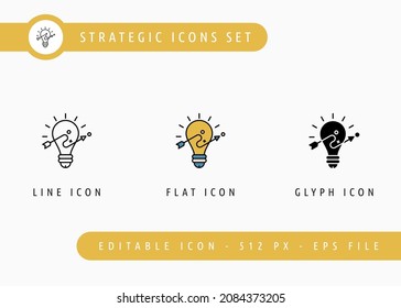 Strategic icons set editable stroke vector illustration. Business goal plan symbol. Icon line style on isolated background for ui mobile app, web design, and presentation.