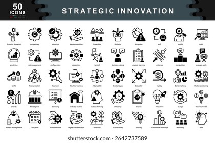 The Strategic Innovation black icon set captures core themes like adaptability, transformation, and leadership. Ideal for visualizing business evolution, planning, and long term value creation.