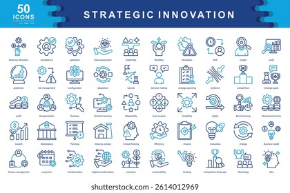 The Strategic Innovation color icon set captures core themes like adaptability, transformation, and leadership. Ideal for visualizing business evolution, planning, and long term value creation.
