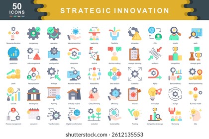 The Strategic Innovation flat icon set captures core themes like adaptability, transformation, and leadership. Ideal for visualizing business evolution, planning, and long term value creation.